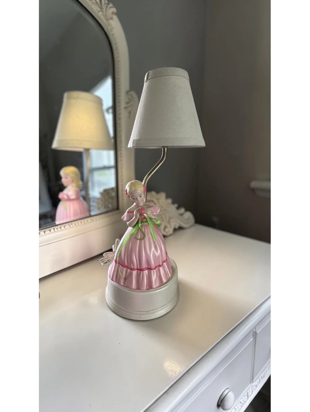 Vintage Ceramic Girl Figurine Table Lamp Pink Dress Nursery Cottage Decor
